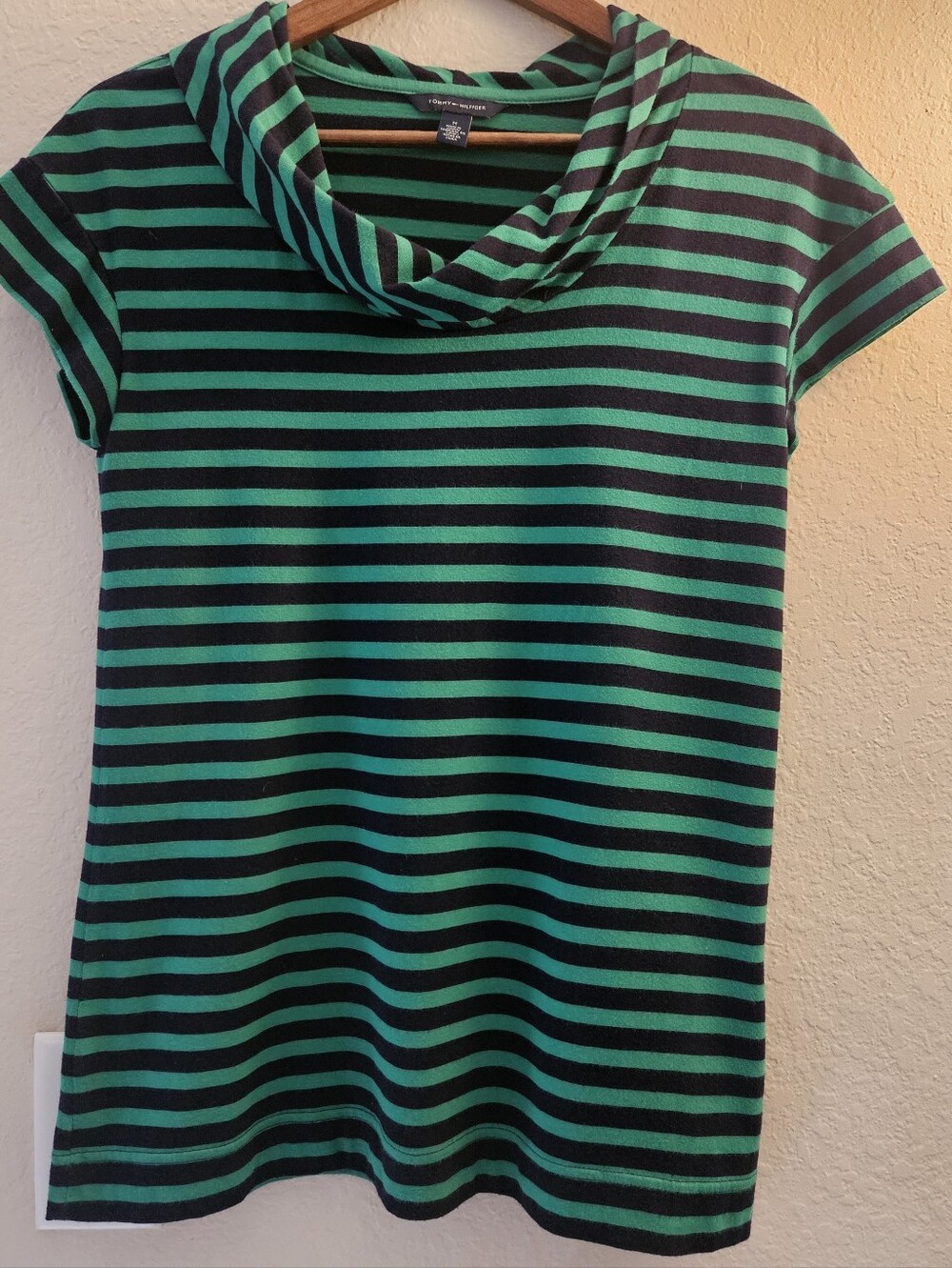 Tommy Hilfiger Cowl Neck Top Womens Medium Green Navy Blue 90s Classic